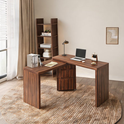 90-Inch Wood-Tone Brown L-Shaped Executive Desk with Rotating Design and 3 Drawers