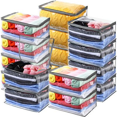 Clear Storage Bags with Zipper and Handle for Clothes Heavy Duty Plastic Blanket Clothes Moving Bags Cloth Bins for Blanket Comforter Clothing Toys, 16 Pack, Grey Edge