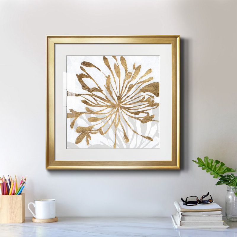 " Golden Gilt Bloom I ", Gold, 17.5" H x 17.5" W, Framed Print with Mat