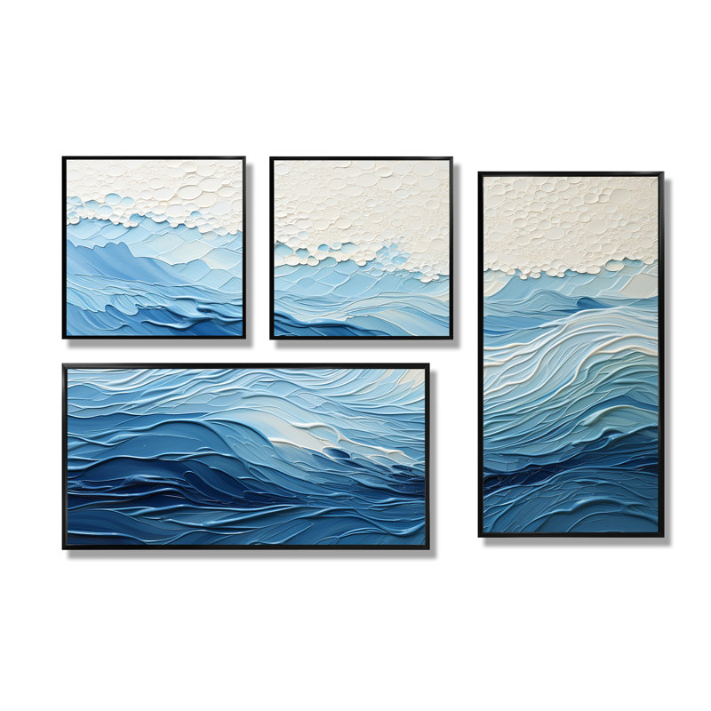 Vagues modernes bleues et blanches de la côte I - décoration murale nautique bleue 4 pièces, Noir