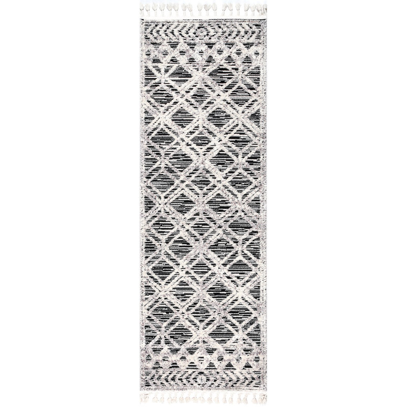 Rachelle Moroccan Tasseled Power Loom Performance Gray/White Rug, Runner 2'6" x 8'8"