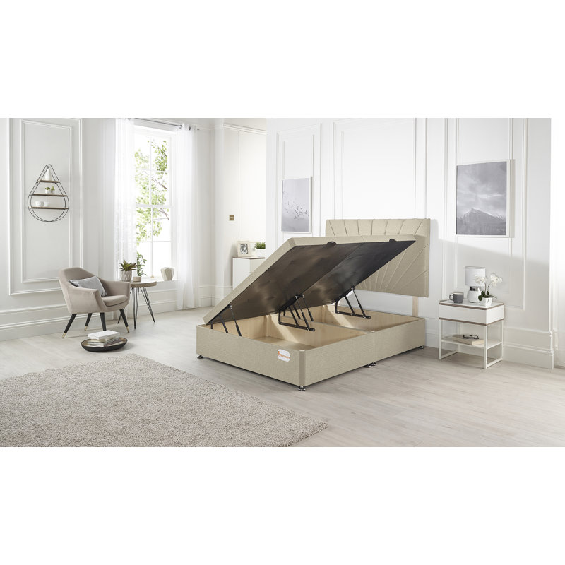 Etheral Side Opening Ottoman Storage Bed with Upholstered Headboard Tweed Fabric, Natural, Small Double (4')