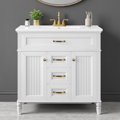 Meuble-lavabo blanc 36 po avec lavabo en céramique, portes à fermeture douce, poignées dorées et tiroir rabattable 36 po