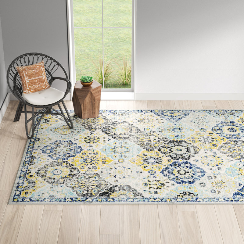 Hillsby Machine Woven Oriental Blue/Yellow/Grey Area Rug, Rectangle 3'11" x 5'7"