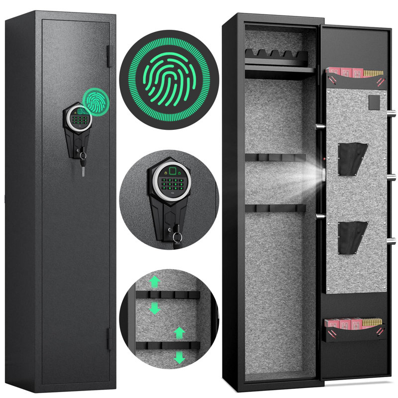 5-6 Gun Safe, Quick Access Biometric Fingerprint Rifle Gun Safe with Silent Mode and Alarm System, Gun Safe for Rifles and Pistols, Gun Cabinet with Removable Shelf and 3 Adjustable Gun Slots