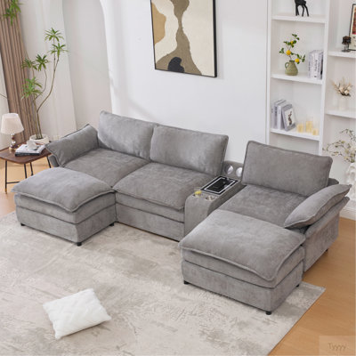 U Shaped Modular Sectional Sofa,Storage Console & Wireless Charging,2 Cup Holders,Bluetooth Speakers,2 Movable Footstools,Adjustable Handrail,Movable Seat,Chenille