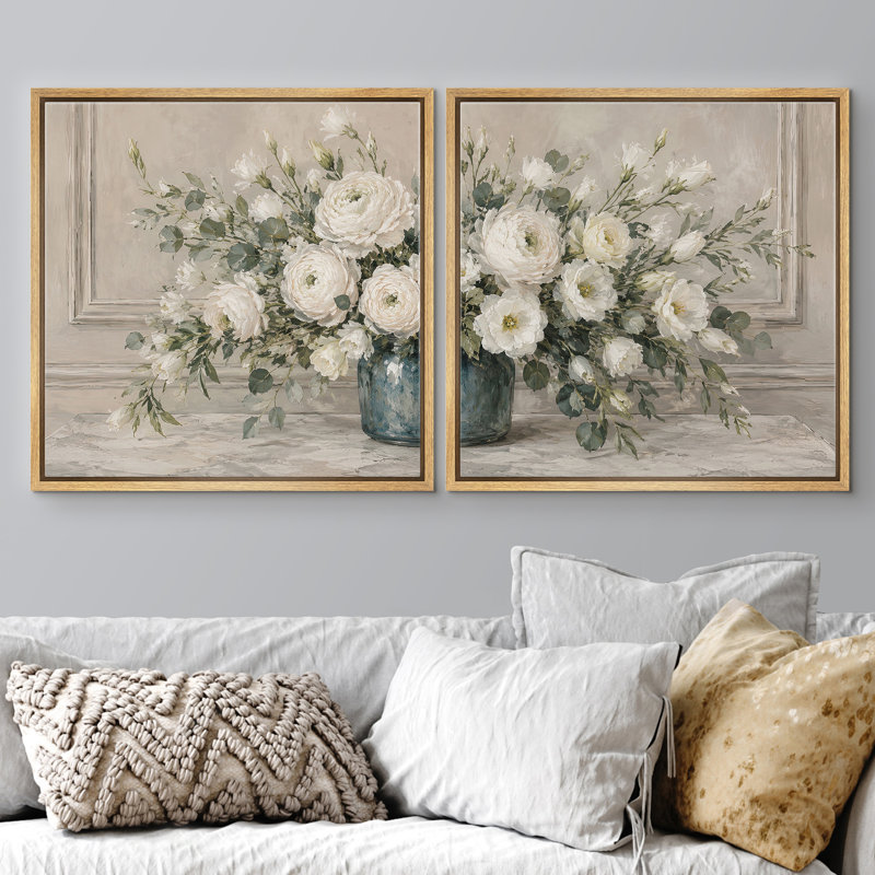 Doux vase floral blanc avec élégance botanique neutre, ensemble de 2 reproductions d'art sur toile encadrées, Encadré naturel