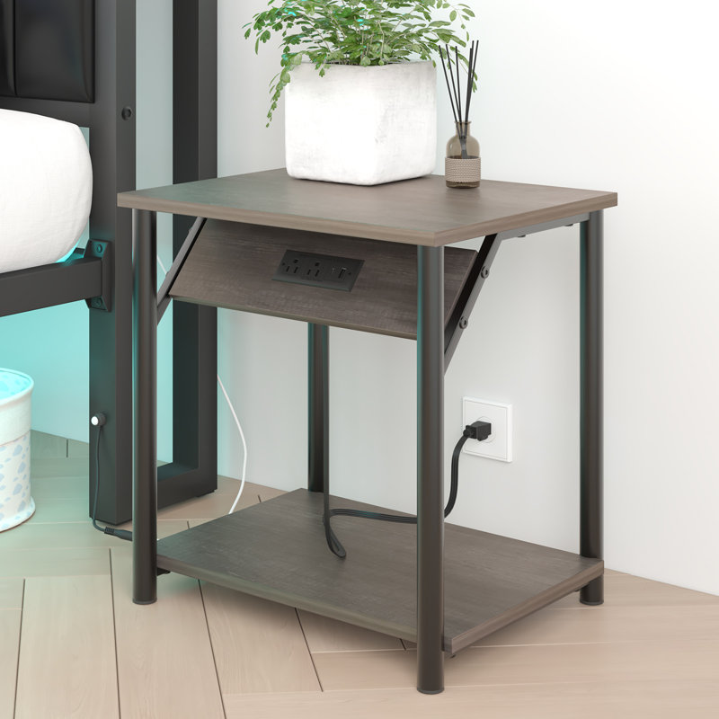 Simple Bedside Table with Open Storage Shelf, Charging Station, Easy to Assembly, Gray