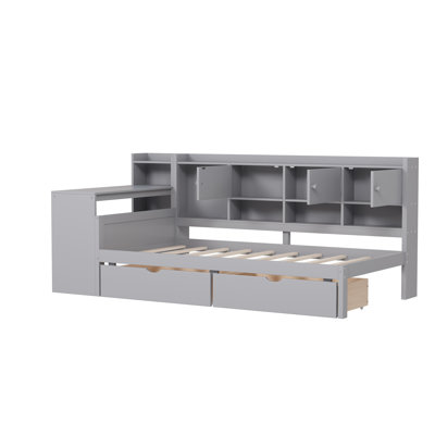 Daybed with Storage 3 Cabinets and 2 Drawers, Wooden L-Shape Daybed Frame with Study Desk and Built-in Bookshelf, Multi-functional Bed for Bedroom Gue by George Oliver