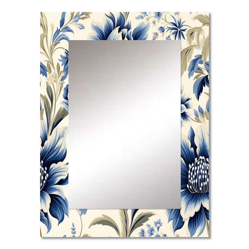 Bacchi Blue Victorian Ikat Floral Harmony - Floral Unique Wall Mirror, Floral Mirror, Printed Metal Art, 32" x 24"