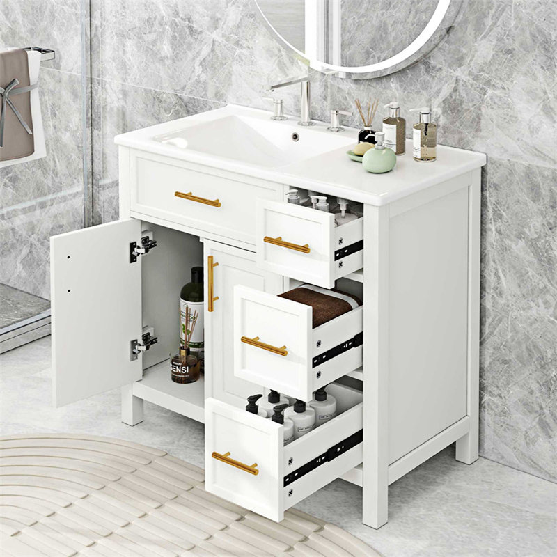 Meuble-lavabo de salle de bain avec comptoir, deux portes et trois tiroirs