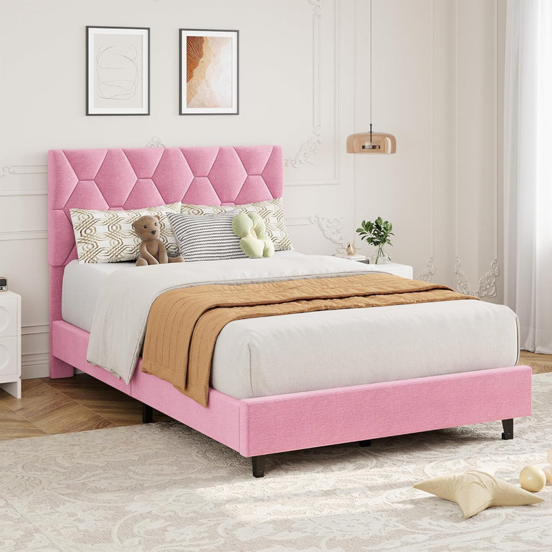 Twin Size Platform Bed Frame with Upholstered Headboard and Wooden Slats Support Velvet Upholstered Mattress Foundation/No Box Spring Needed/Easy Assembly Pink