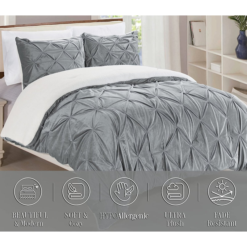 Ensemble d'édredon en microfibre 3 pièces Mocassi Pintuck Sherpa, Gris, Édredon pour grand lit + 2 taies décoratives sta