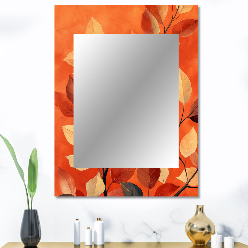 «Terracotta Leaves Layers Of Forest II» - miroir à feuilles, miroir mural traditionnel unique, impression d'art en métal