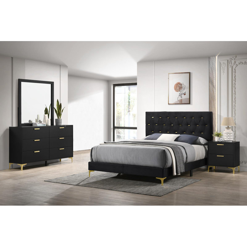 Ensemble de chambre avec très grand lit 4 pièces Paulk, Noir, 4 Pcs: Dresser; Mirror; Bed; Nightstand, Très grand