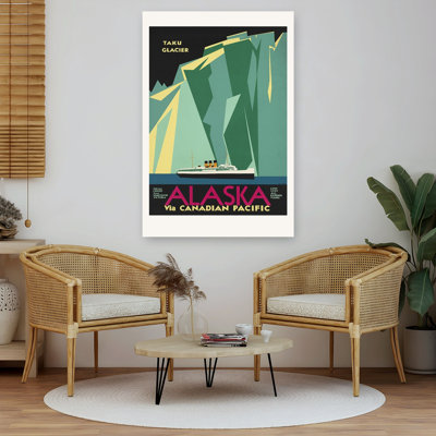 Alaska via Canadian Pacific. Affiche murale hivernale colorée au style rétro vintage représentant le glacier Taku.