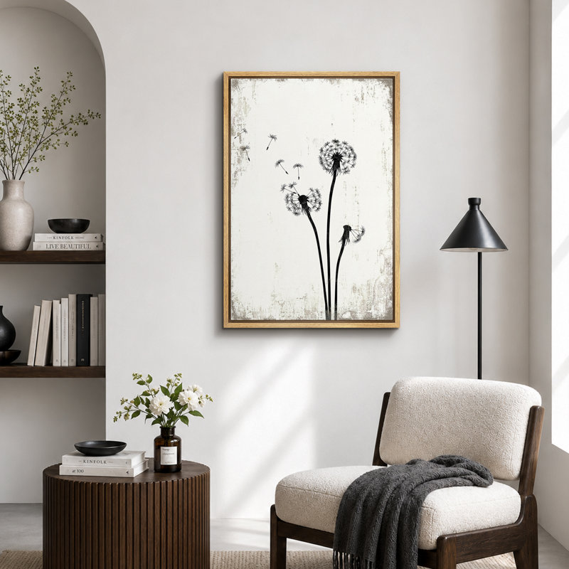 Pissenlit «Simple Whimsy Flying Dandelion, H 24 po x l 16 po, Toile encadrée, Naturel