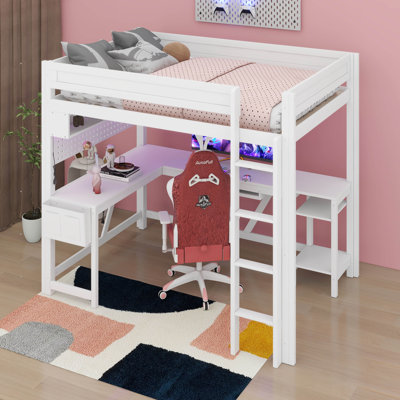 Wood Full Size Gaming Loft Bed With Built-In Desk, LED Light Strip, USB Charging Ports & Storage Shelf