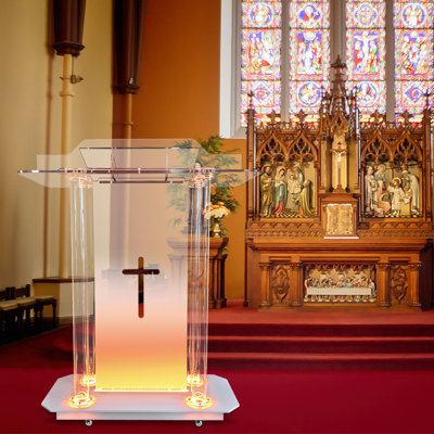 Podium en acrylique transparent moderne avec roues et lumières DEL - Élégante chaire d'église transparente avec croix pour les sermons, les mariages, les salles de classe et les discours