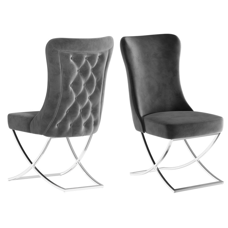 Chaise de salle à manger rembourrée à pieds argentés 2, gris - Mousse haute densité, style rustique moderne, structure intérieure en bois de hêtre, siège en mousse confortable gris, pieds