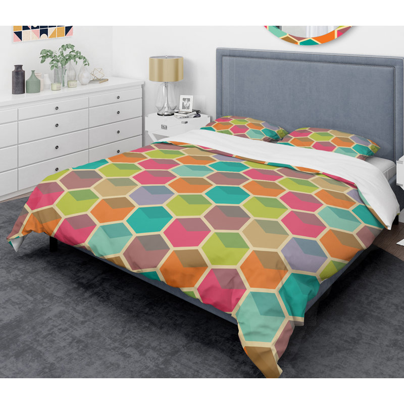 Ensemble de housse couette mid-century rétro hexagonal i, Housse de couette très grand + 2 taies décoratives