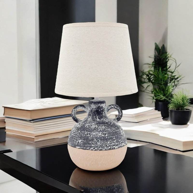 Durable 38cm Ceramic Table Lamp with Textured Base and Fabric Shade, Minimalist Design for Living Room or Bedroom Accent
