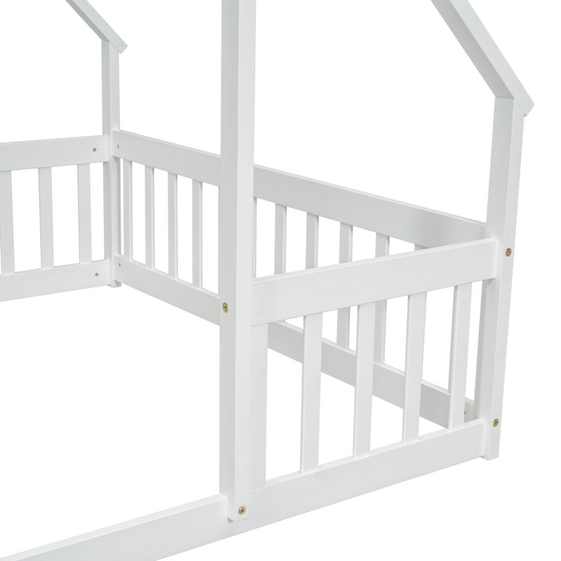 Lit double en bois en forme de maison avec clôture, garde-corps, blanc, Lit double, Blanc