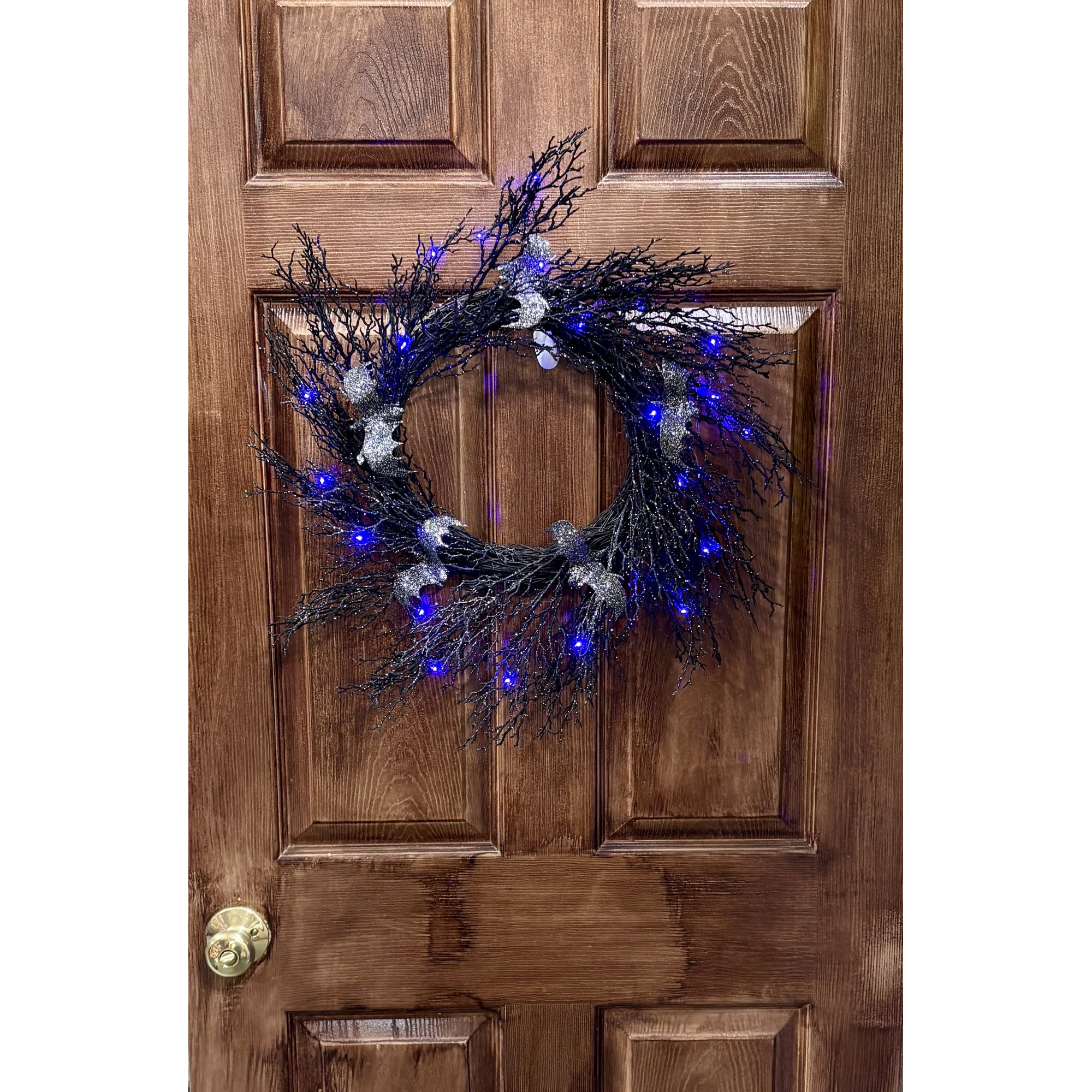 23" Spooky Halloween Lighted Bat Twig Wreath on Black Natural Twig Base