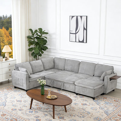 Modular Sectional Sleeper Sofa with Pull Out Bed, 116" Large U Shaped 7 Seater Sectional Couches with Ottoman Comfy Chenille Cloud Sofas for Living Ro