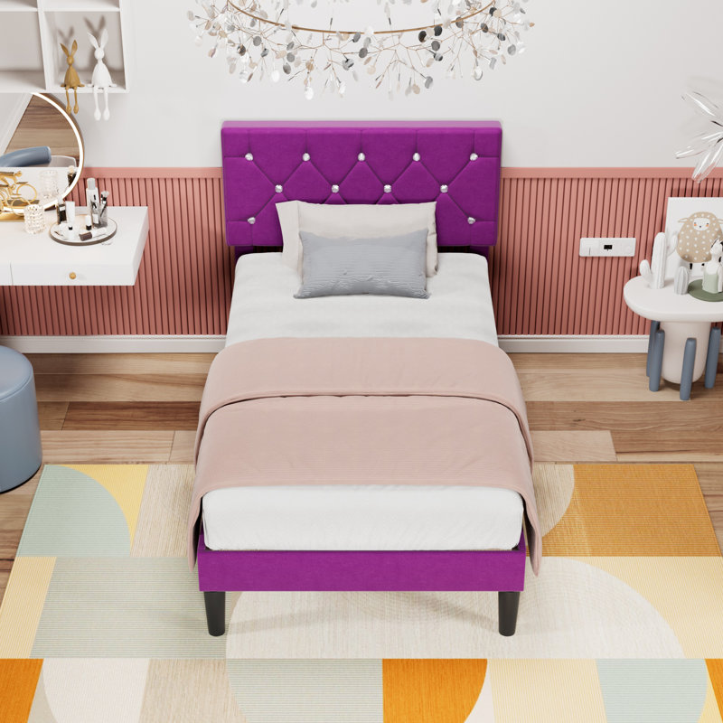 Purple Twin Size Velvet Upholstered Platform Bed Frame with Diamond Tufted Headboard, No Box Spring Needed, Twin, Purple
