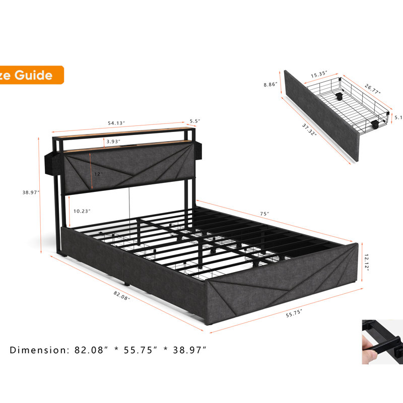Structure de lit tête de lit avec rangement pour lit double - Stable, silencieuse, facile à construire, noire et grise avec fonction pratique et à DEL