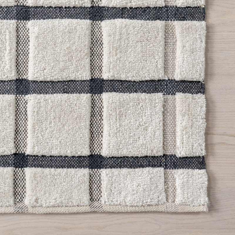 Ivory and Gray Checked Wool Runner Rug, 2' 6" x 8'