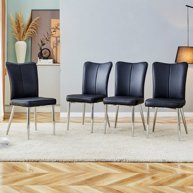 Ensemble de 4 chaises de salle à manger rembourrées avec pieds en métal pour les chambres et le salon, Noir, Argent argent