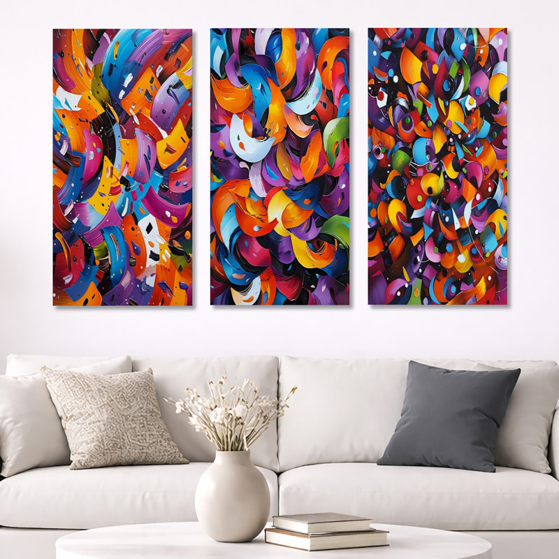 Miami Pop Art Colourful Paper Mosaic – Abstract 3 Piece Wall Decor, 40" H x 60" W, Wrapped Canvas