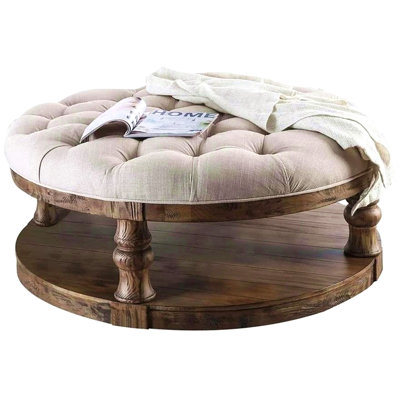 Rustic Style Round Wooden Coffee Table Antique Oak Finish Supported Turned Legs And Open Shelf
