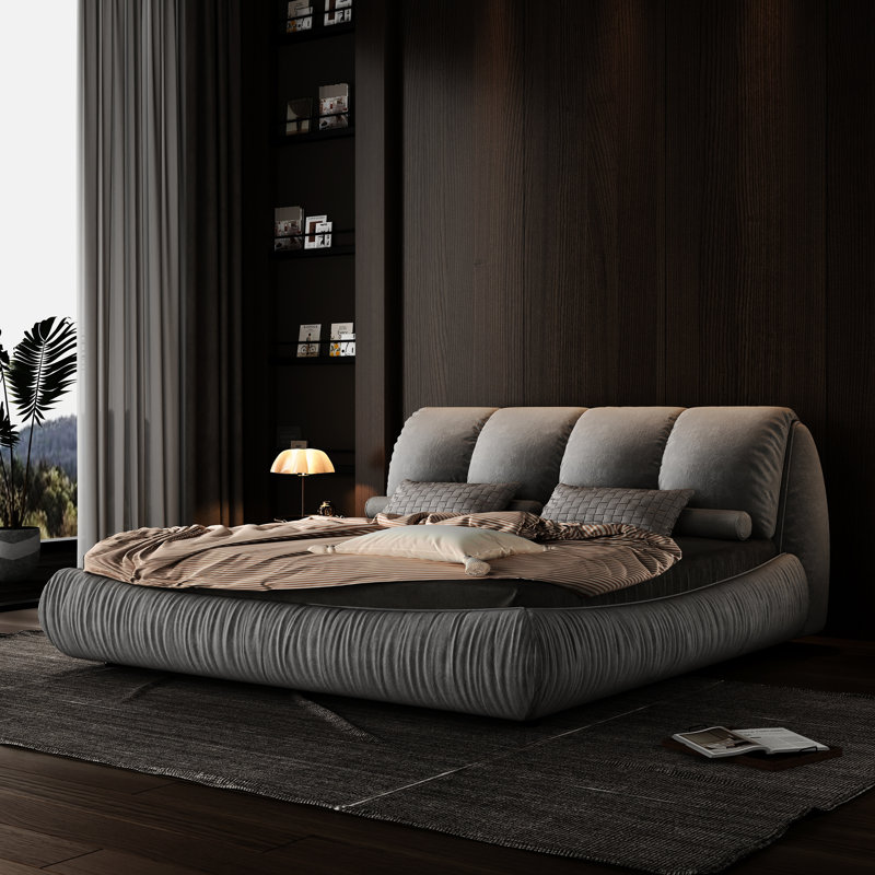 Grand lit avec revêtement et structure en bois massif robuste, base grise confortable, Gris, Grand lit