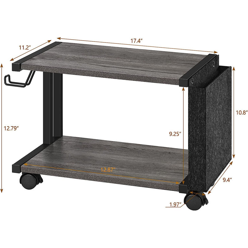 17'' W 1 Printer Stand with Wheels, Gray/Black