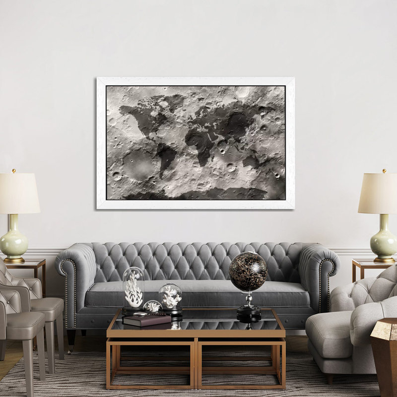World Map On The Moon's Surface by Michael Tompsett - Print on Canvas, 66.04 cm H x 45.72 cm W x 1.91 cm D, White Framed