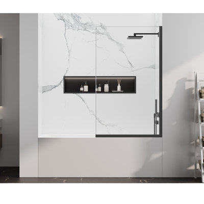 Bathtub Fixed Glass Shower Door,35" W X 60" H Semi-frameless Bypass Tub Enclosure,3/8" (10mm) Dual-sided Nano-coated Tempered Glass With Side & Bottom Aluminum Frame For Leak-proof, Matte Black