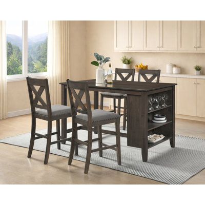 Bellea Vita 5 Pcs Counter Dining Set 59'' Kitchen Island Table With 3-Tier Storage 4 Upholstered Chairs