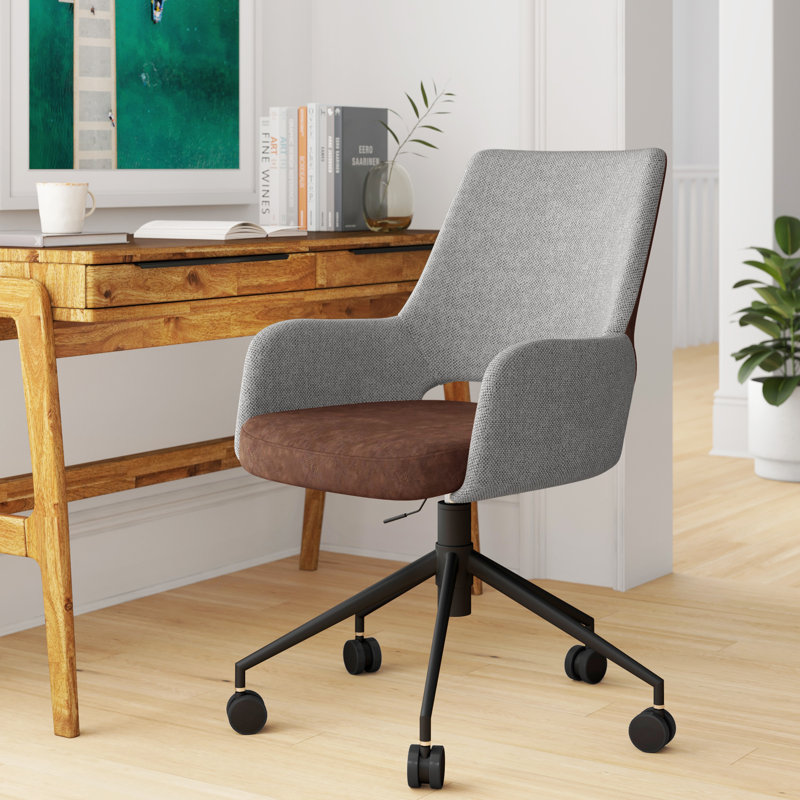 Chaise de travail Ludovick, Simili cuir brun foncé, Noir mat