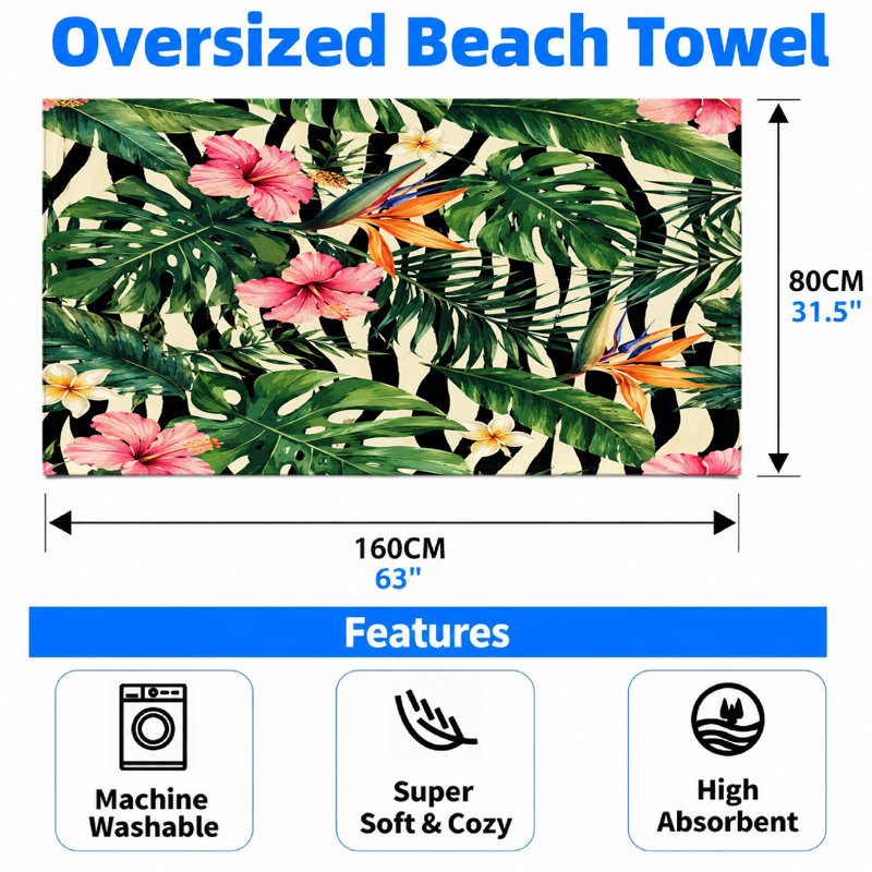 1PCS Tropical Botanical Beach Towel, Vibrant Floral Print Microfiber for Adults, Quick Dry Absorbent Swimming Travel and Camping, Featuring Hibiscus Bird of Paradise Leaves