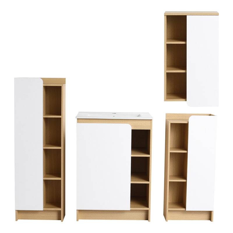 Ensemble de meuble-lavabo 4 pièces en chêne clair avec lavabo en céramique à bord mince, ensemble de meuble-lavabo avec armoires de rangement, panneaux de porte bicolores, ensemble KD
