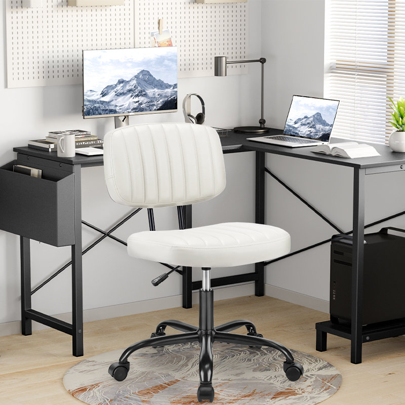 Two piece office furniture set, L-shaped writing desk and PU leather small chair set, White