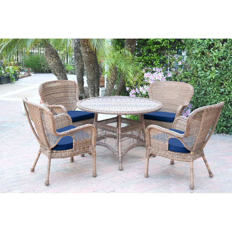 Batchelder 4 - Person Wicker Patio Dining Set with Round Table, Honey, Blue