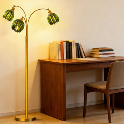 Lampe sur pied à arc moderne à 3 lumières à intensité variable, avec bras en laiton réglables et base en marbre, comprend des ampoules pour le salon ou la chambre à coucher