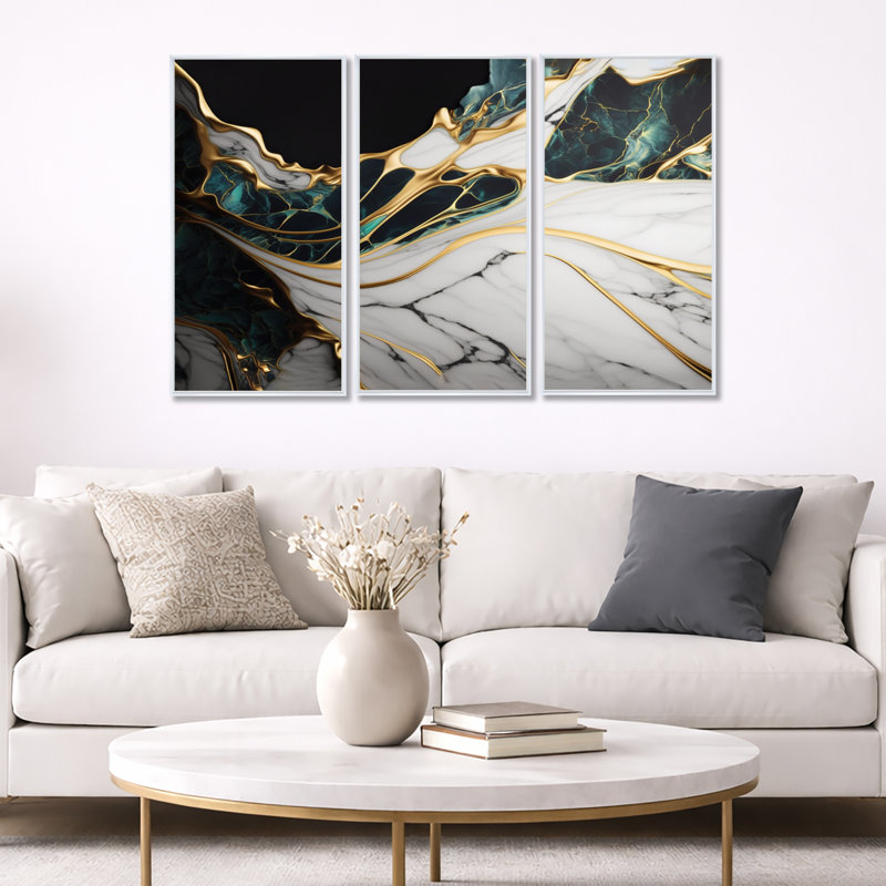 «Abstract Geode Gold and Green Marble III», reproduction sur toile 3 pièces, H 28 po x l 36 po, Blanc
