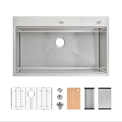 Évier de cuisine encastré en acier inoxydable, 91 x 56 cm, une cuve, avec accessoires, gris brossé