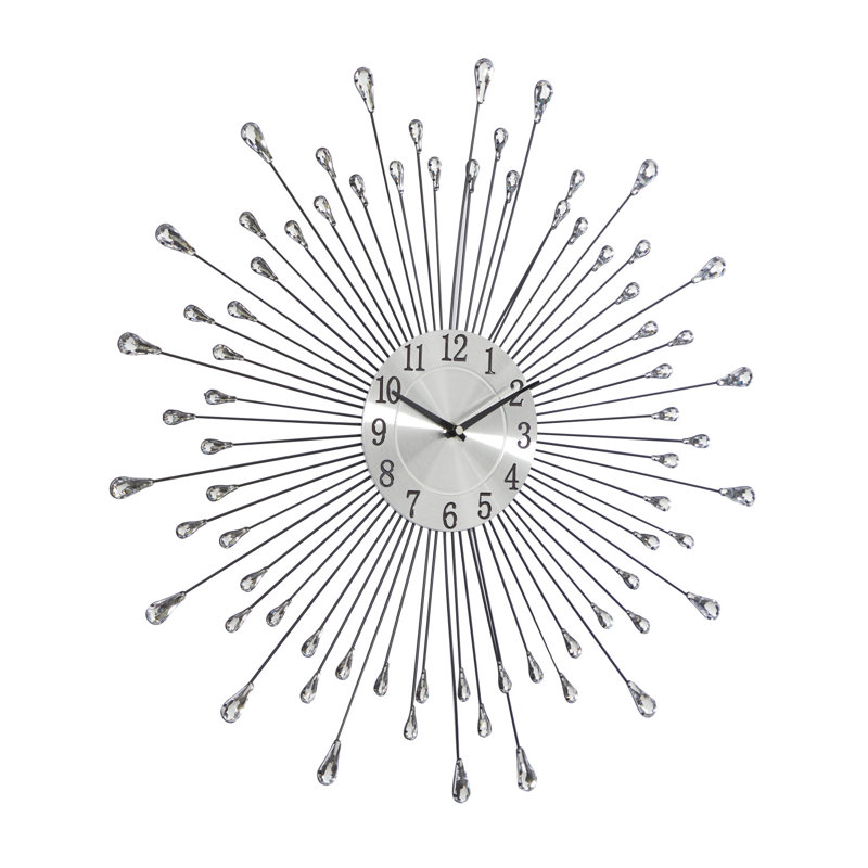 Alsey Metal Starburst Decorative Silver Wall Clock with Crystal Embellishment