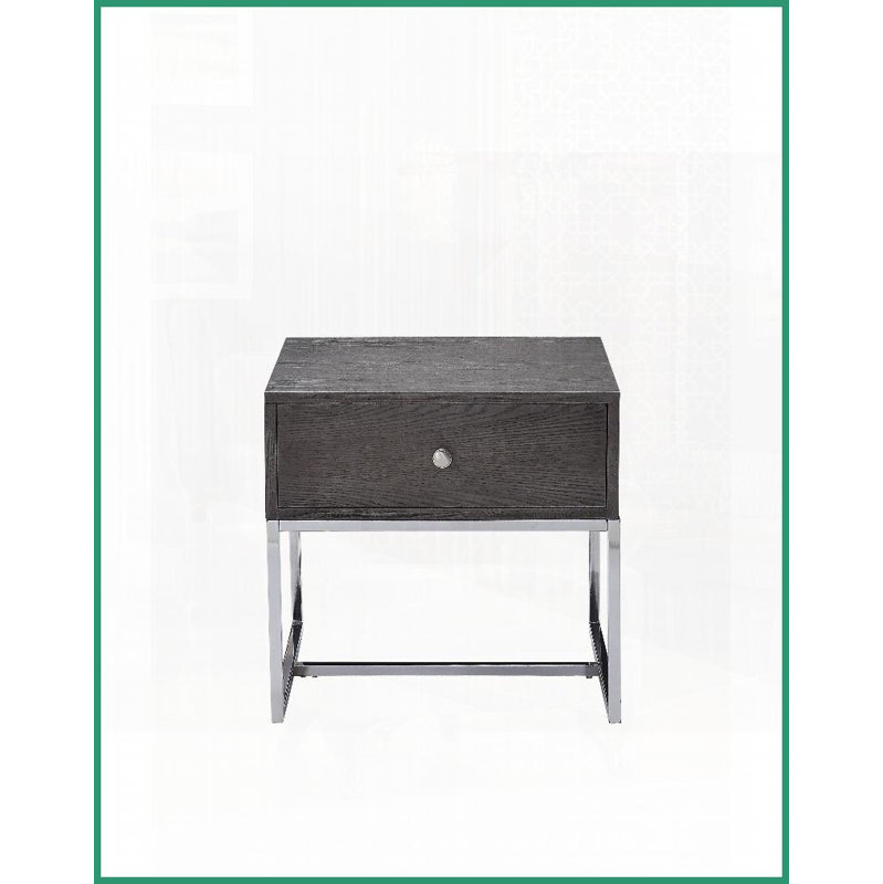 Table basse en chêne gris peu encombrant avec base chromée - tiroir doublé de feutre Dégagement de 14 po pour les petits espaces